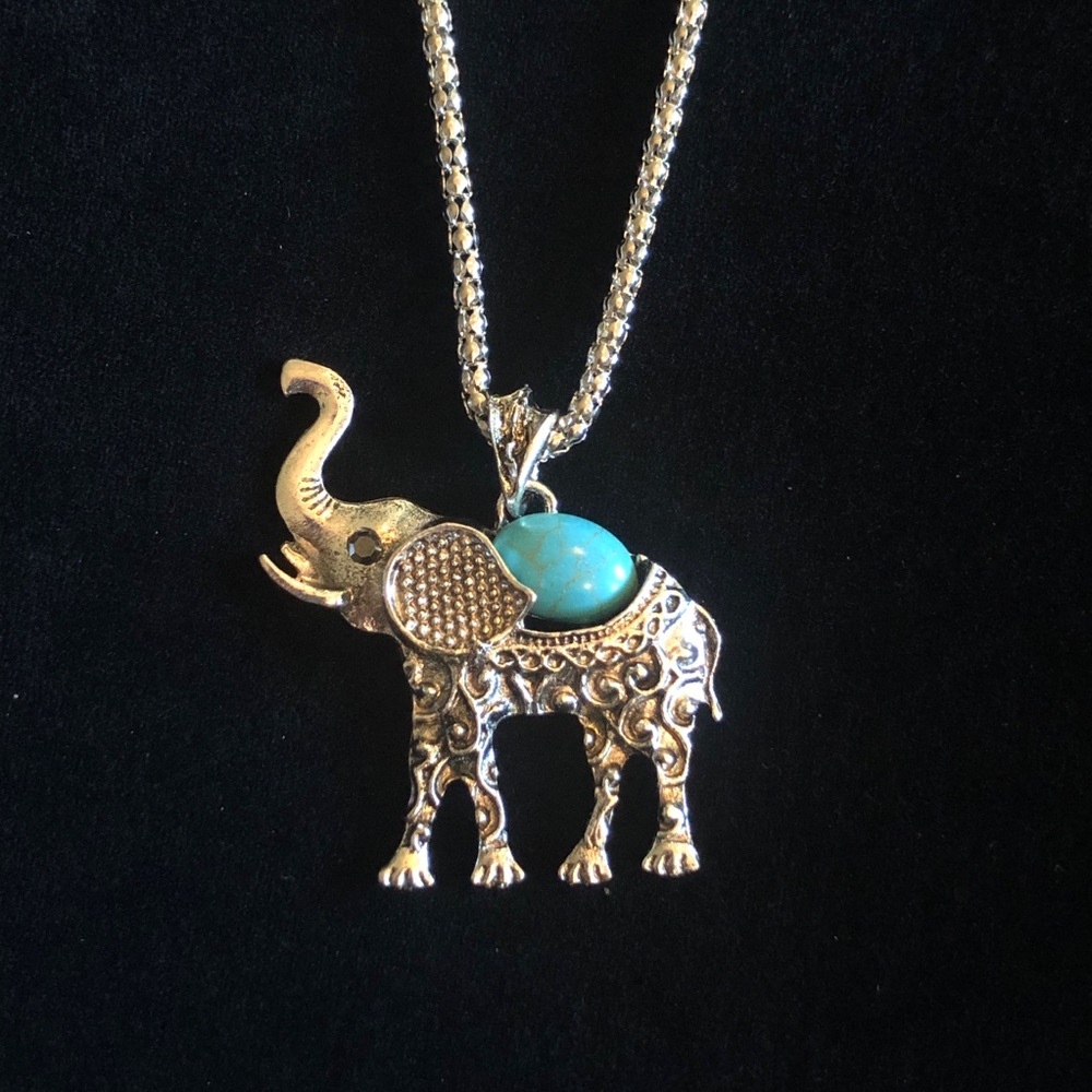 Silver Tone Faux Blue Turquoise Elephant Necklace